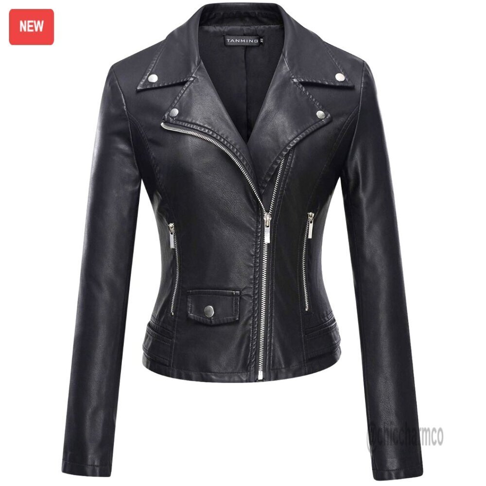 Faux Leather Moto Biker Short Coat Jacket Women's Size